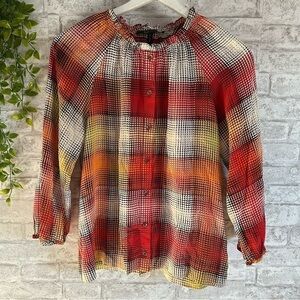 Bcbg Maxazria silk blouse‎ women’s size small orange red color circle print